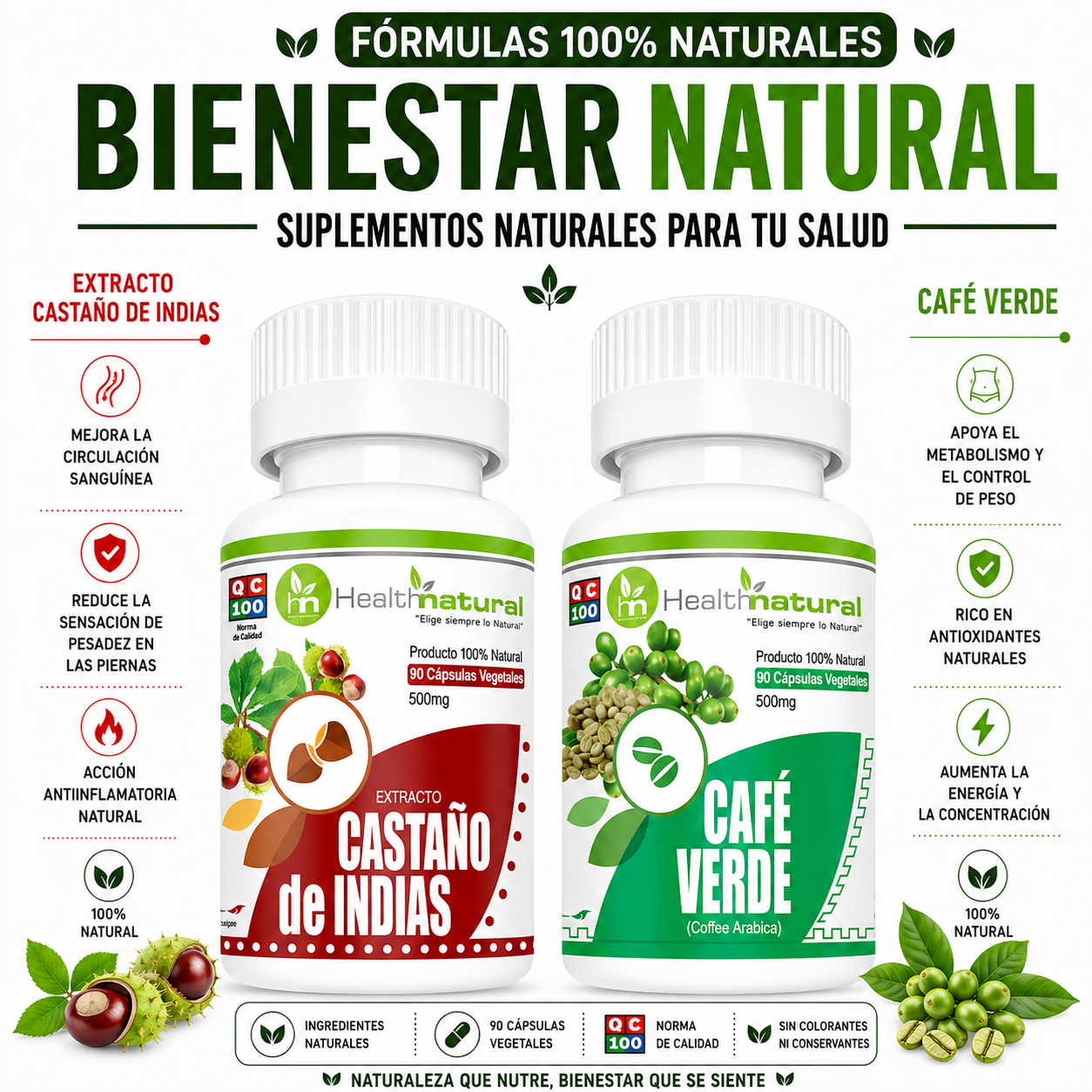 CASTAÑO DE INDIAS HEALTHNATURAL 500MG + CAFÉ VERDE HEALTHNATURAL 500MG - 1