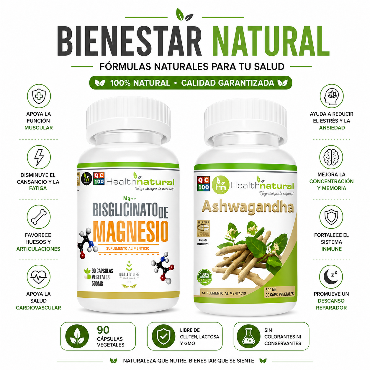 BISGLICINATO DE MAGNESIO HEALTHNATURAL + ASHWAGANDHA HEALTHNATURAL - 1