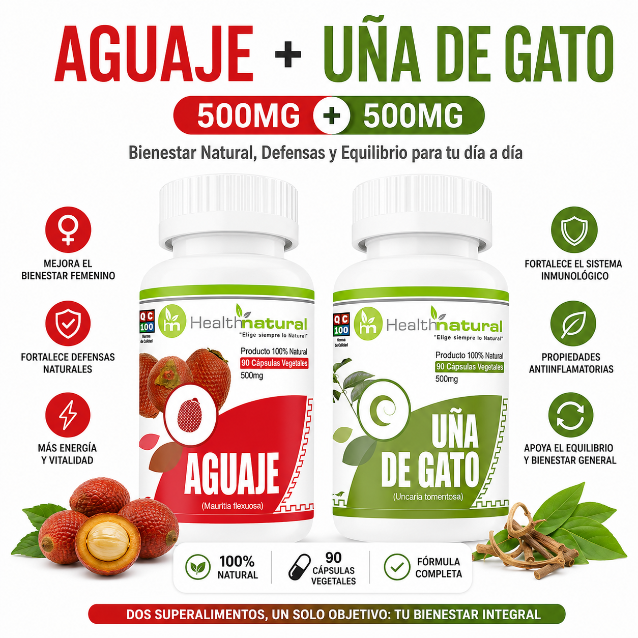 AGUAJE HEALTHNATURAL 500MG + UÑA DE GATO HEALTHNATURAL 500MG - 1