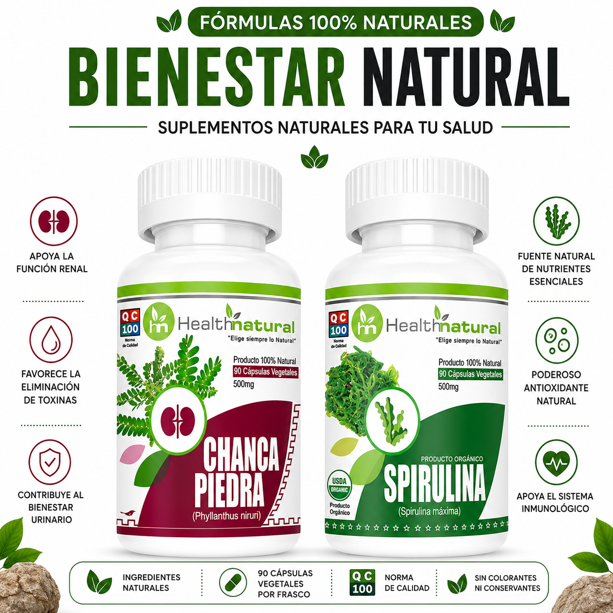 CHANCA PIEDRA HEALTHNATURAL 500MG + SPIRULINA HEALTHNATURAL 500MG - 1