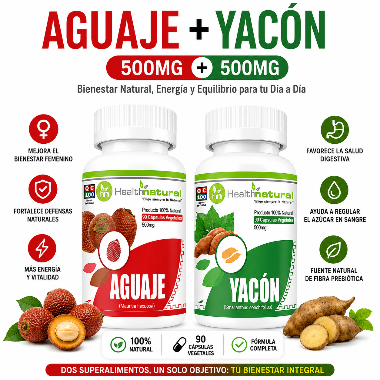 AGUAJE HEALTHNATURAL 500MG + YACÓN HEALTHNATURAL 500MG - 1