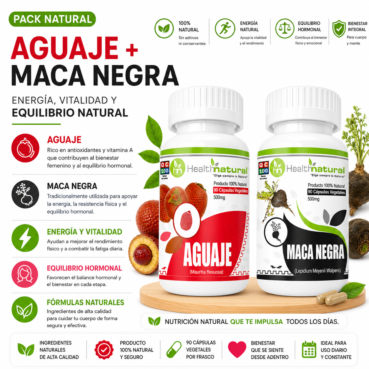 AGUAJE HEALTHNATURAL 500MG + MACA NEGRA HEALTHNATURAL 500MG - 1