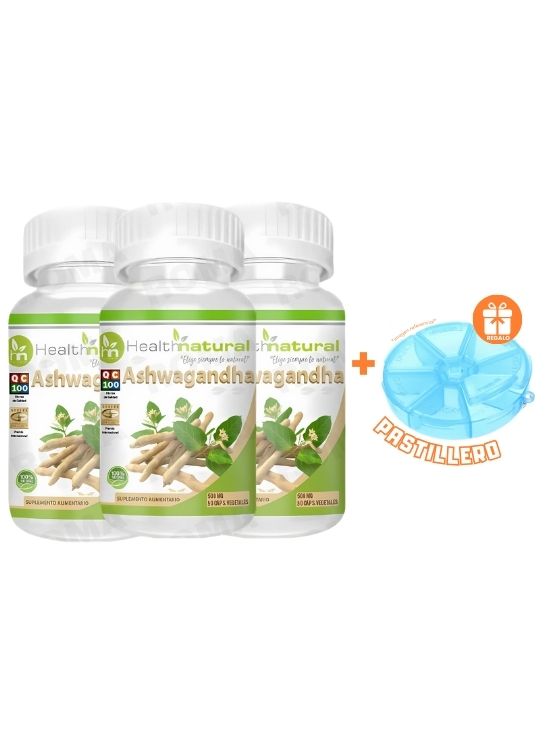 PACK 3 ASHWAGANDHA HEALTHNATURAL 1500MG + REGALO PASTILLERO - 1