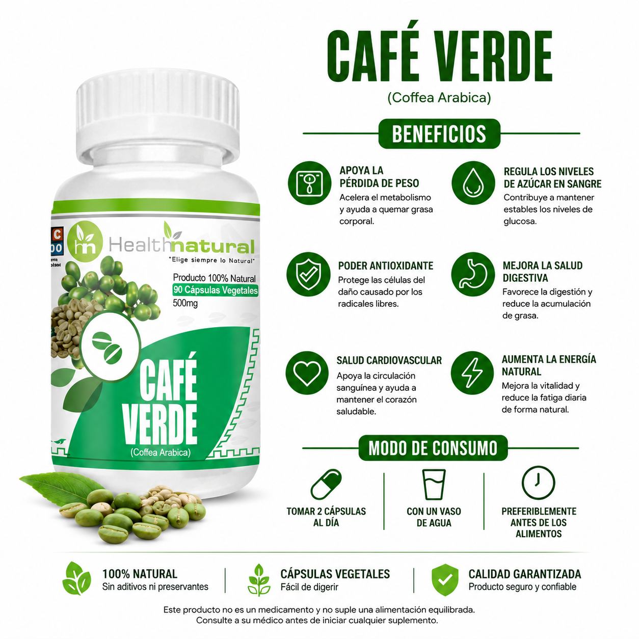 BISGLICINATO MAGNESIO HEALTHNATURAL + CAFÉ VERDE HEALTHNATURAL 500MG - 3