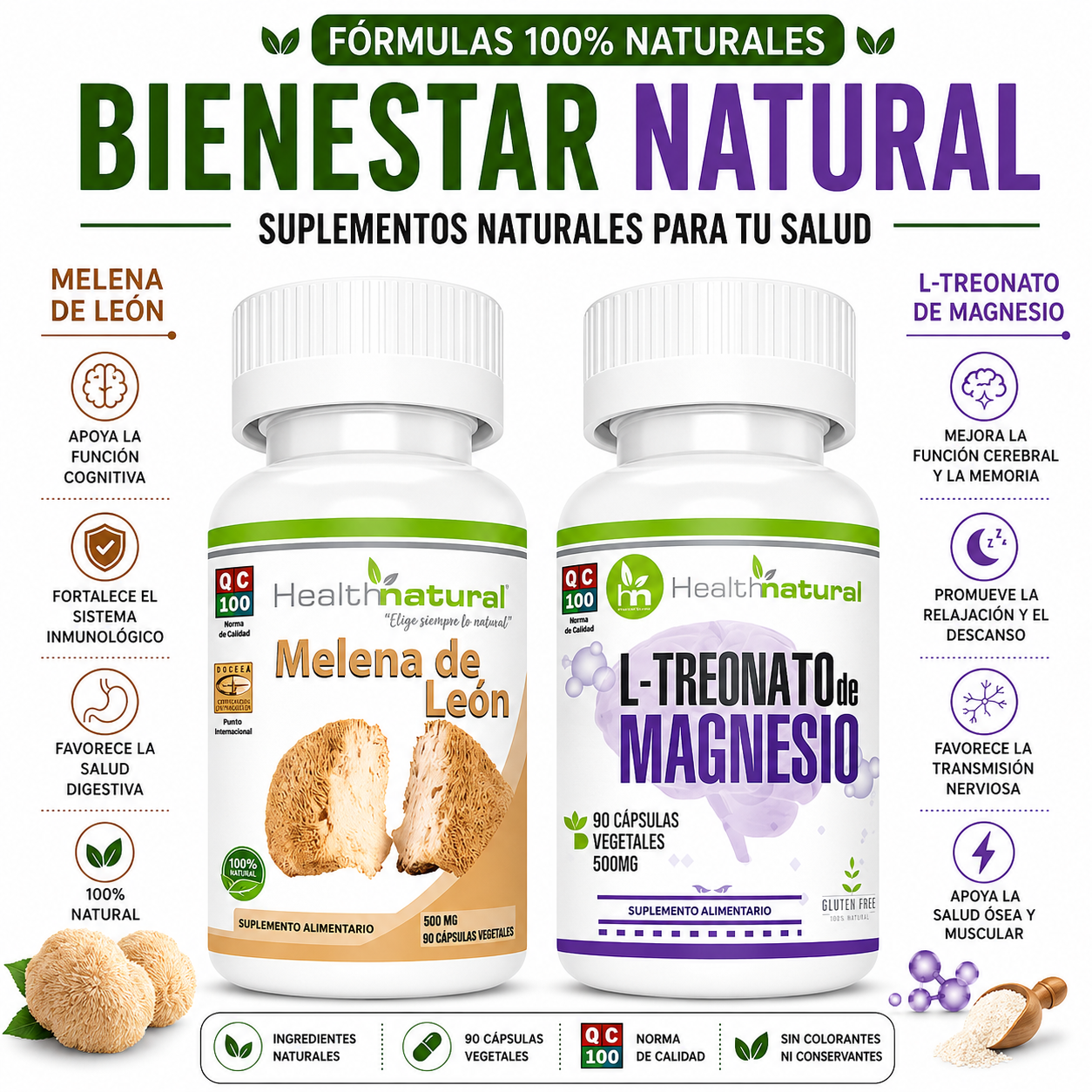 MELENA DE LEÓN HEALTHNATURAL + L-TREONATO DE MAGNESIO HEALTHNATURAL - 1
