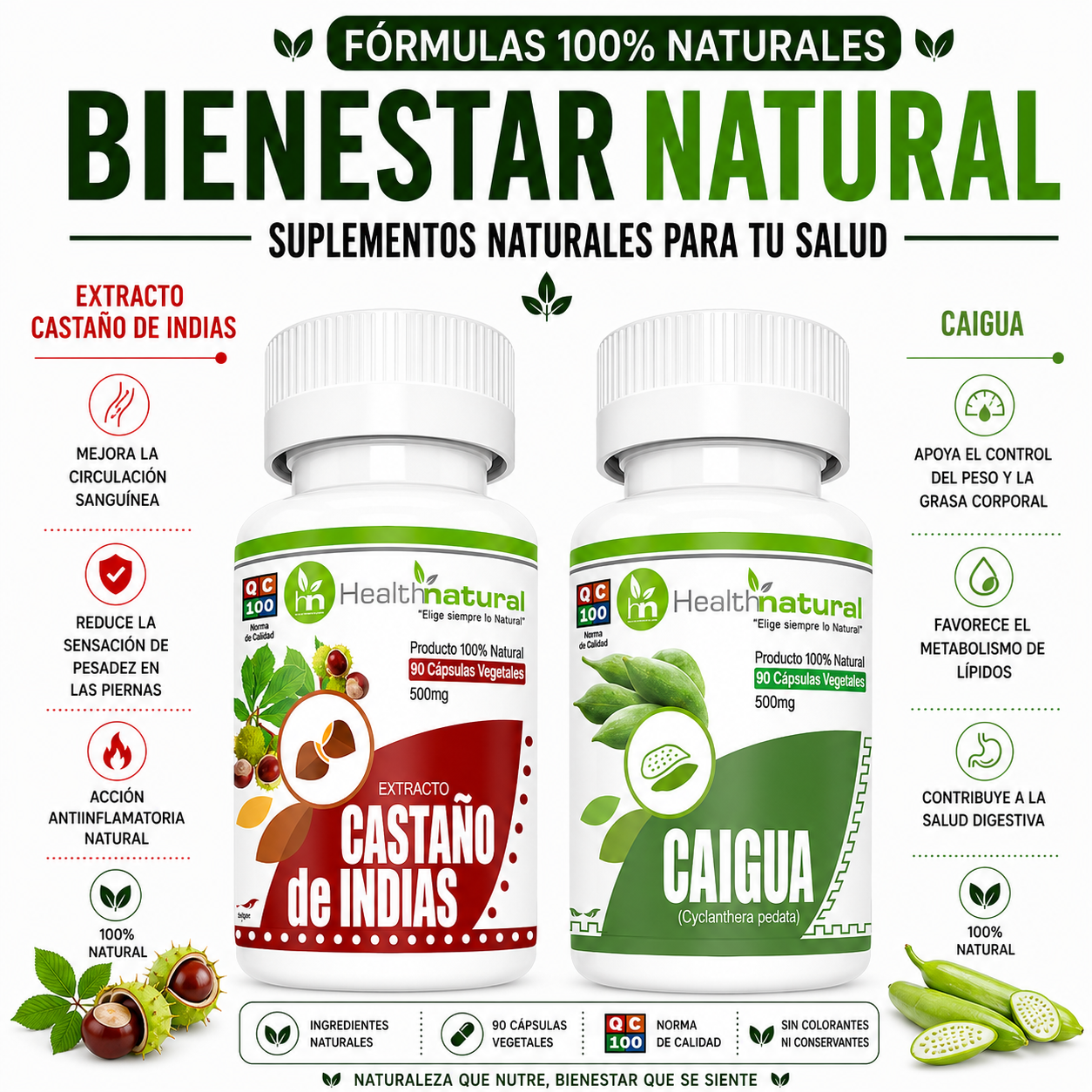 CASTAÑO DE INDIAS HEALTHNATURAL 500MG + CAIGUA HEALTHNATURAL 500MG - 1