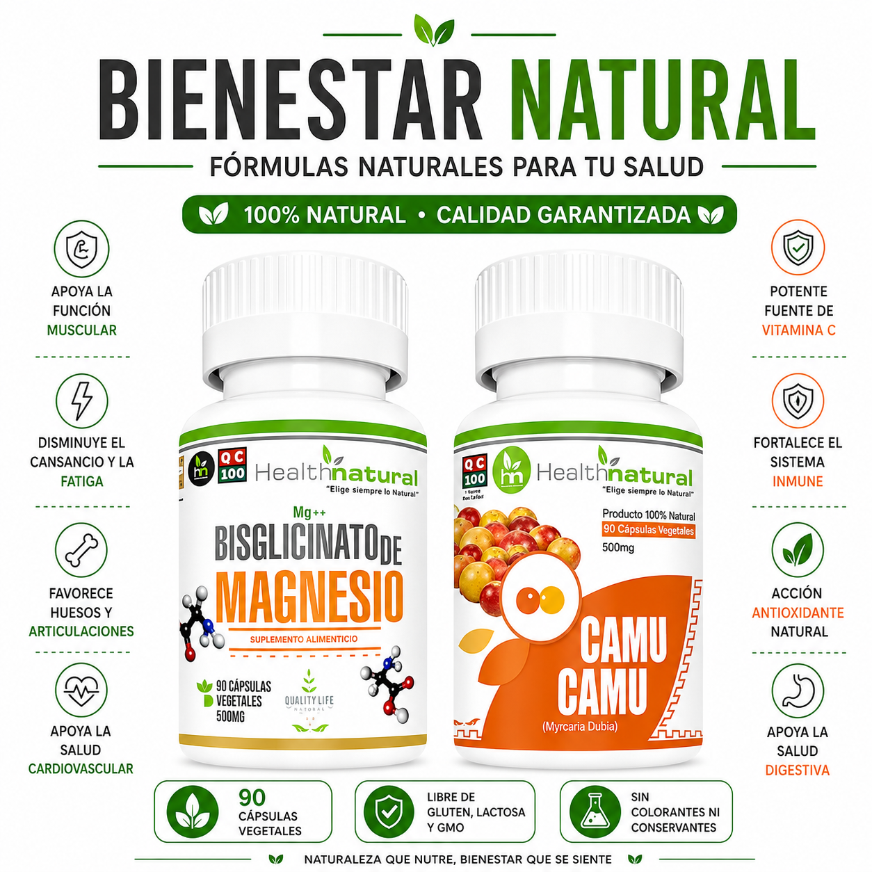 BISGLICINATO DE MAGNESIO HEALTHNATURAL + CAMU CAMU HEALTHNATURAL 500MG - 1