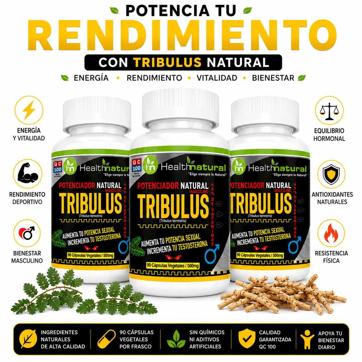 PACK 3 TRIBULUS TERRESTRE HEALTHNATURAL 1500MG - 1