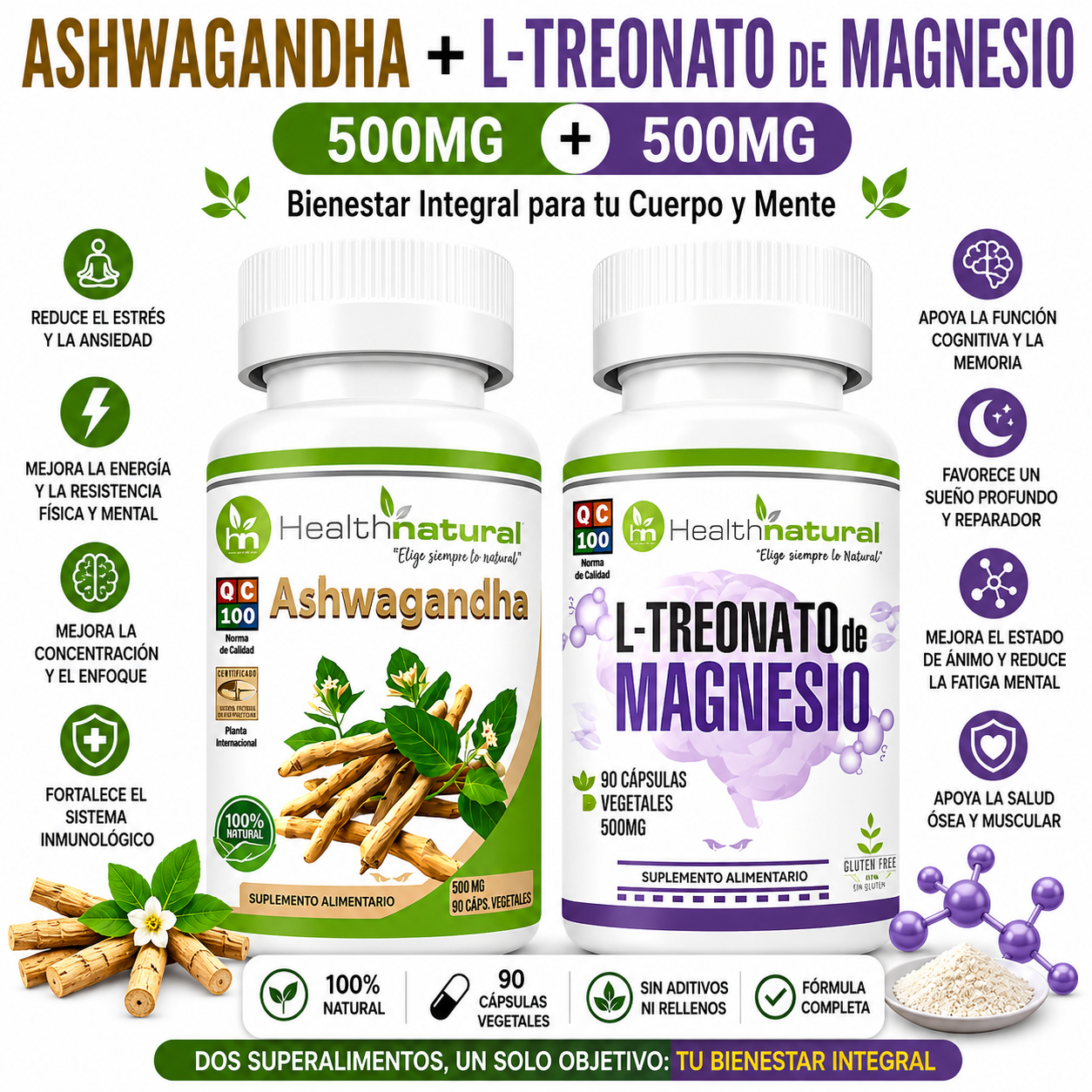 ASHWAGANDHA HEALTHNATURAL + L-TREONATO DE MAGNESIO HEALTHNATURAL 500MG - 1