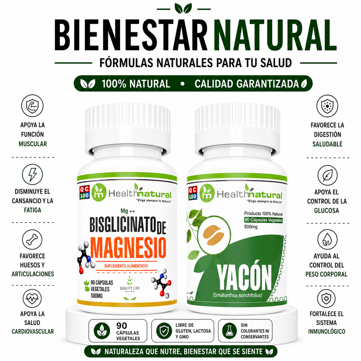 BISGLICINATO DE MAGNESIO HEALTHNATURAL + YACÓN HEALTHNATURAL 500MG - 1