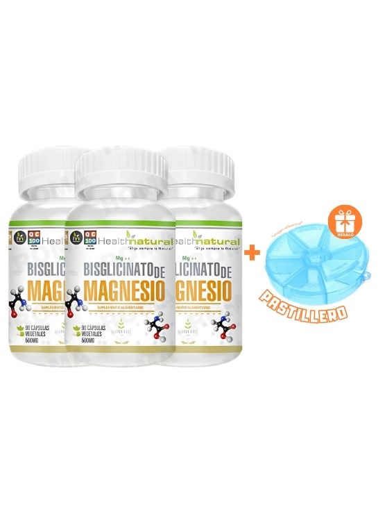 PACK 3 BISGLICINATO MAGNESIO HEALTHNATURAL 1500MG + REGALO PASTILLERO - 1