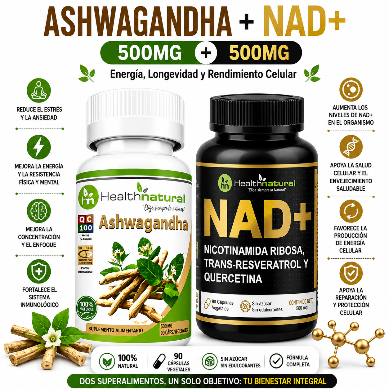 ASHWAGANDHA HEALTHNATURAL 500MG + NAD+ HEALTHNATURAL 500MG - 1
