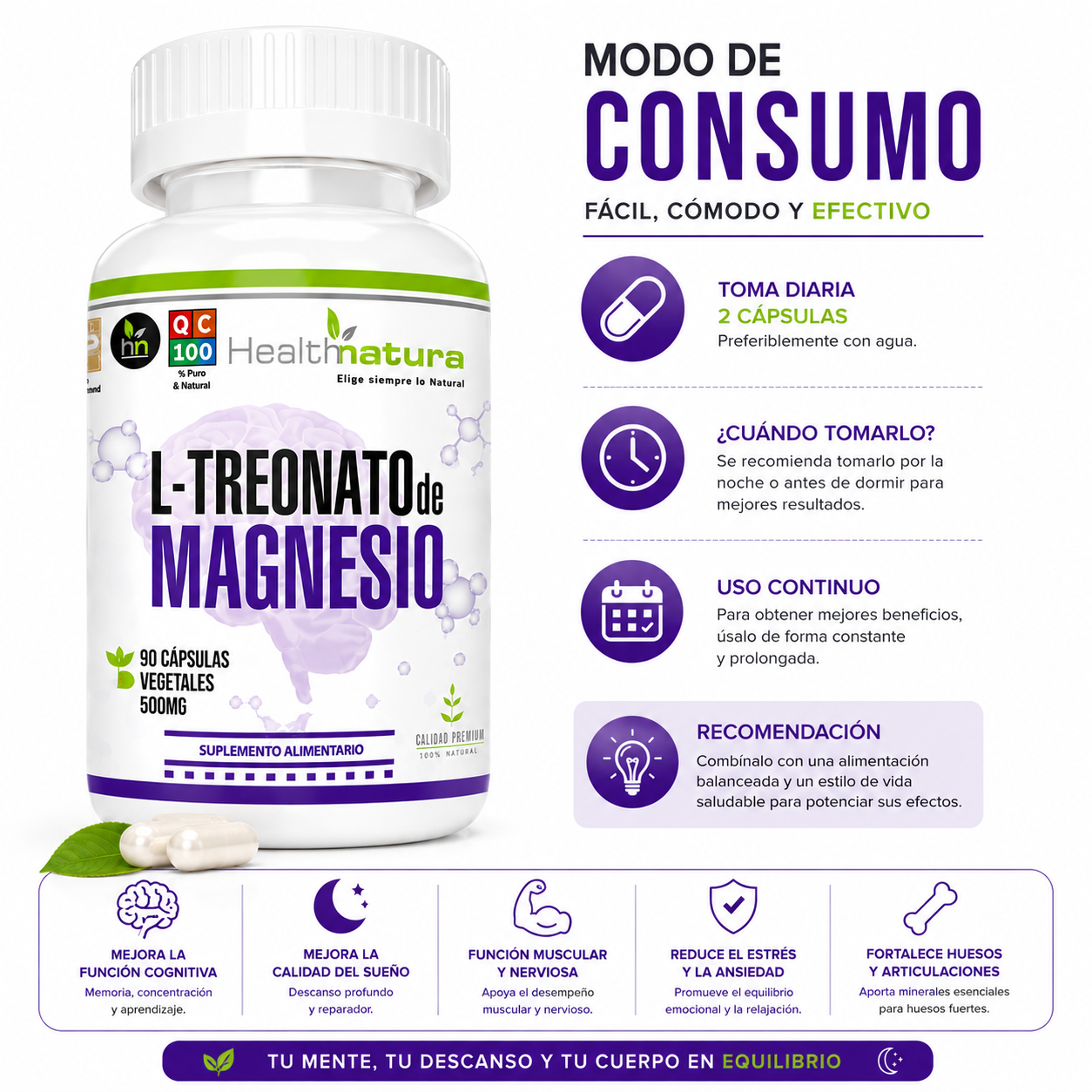 PACK 2 L-TREONATO DE MAGNESIO HEALTHNATURAL 1000MG - 3