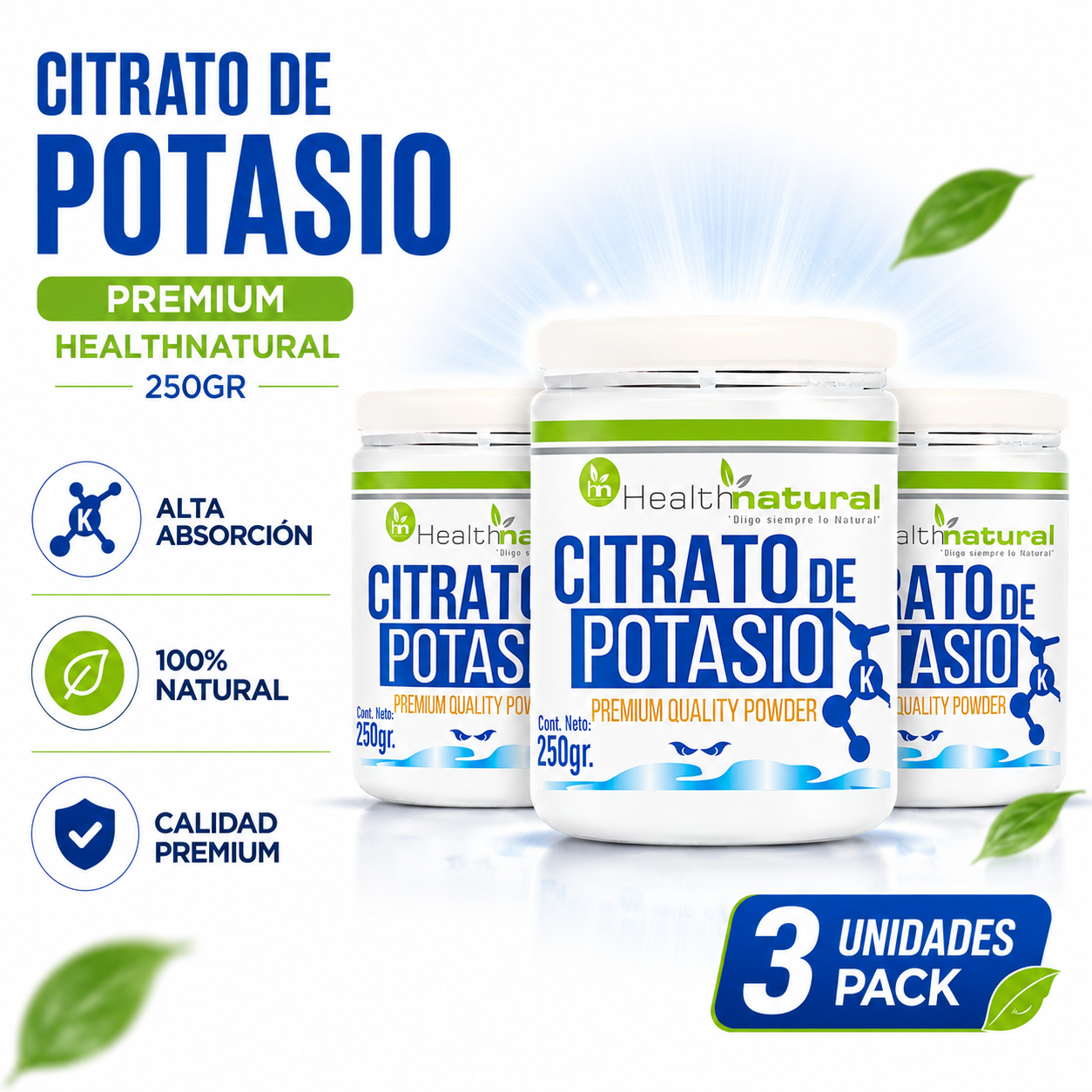 PACK 3 CITRATO DE POTASIO PREMIUM HEALTHNATURAL 750GR - 1