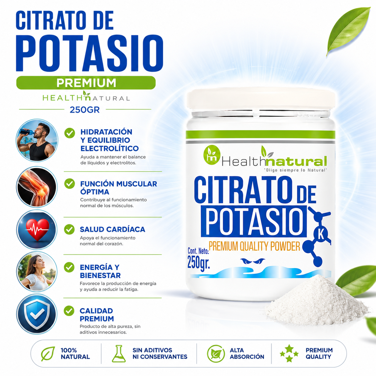 PACK 3 CITRATO DE POTASIO PREMIUM HEALTHNATURAL 750GR - 2