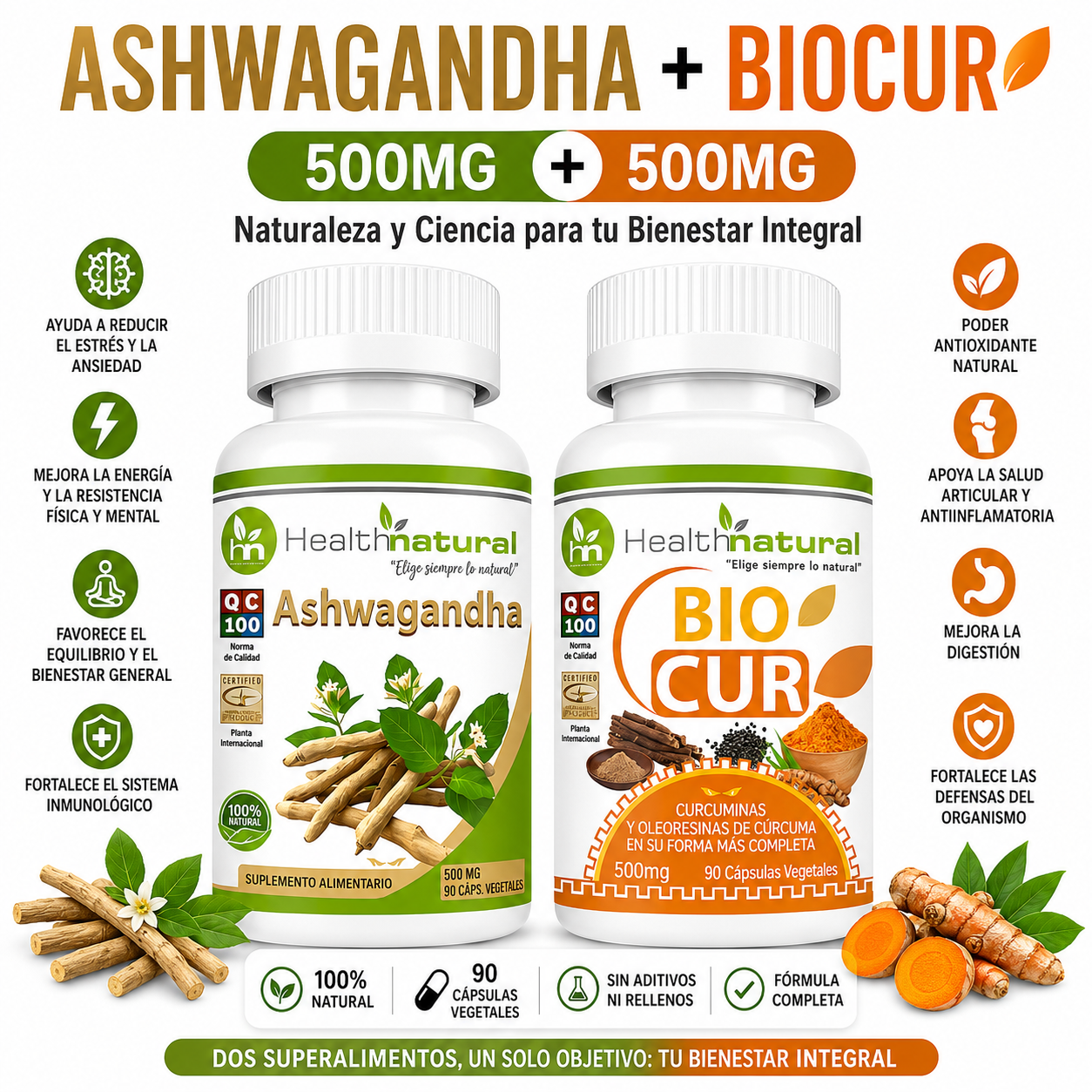 ASHWAGANDHA HEALTHNATURAL 500MG + BIOCUR HEALTHNATURAL 500MG - 1