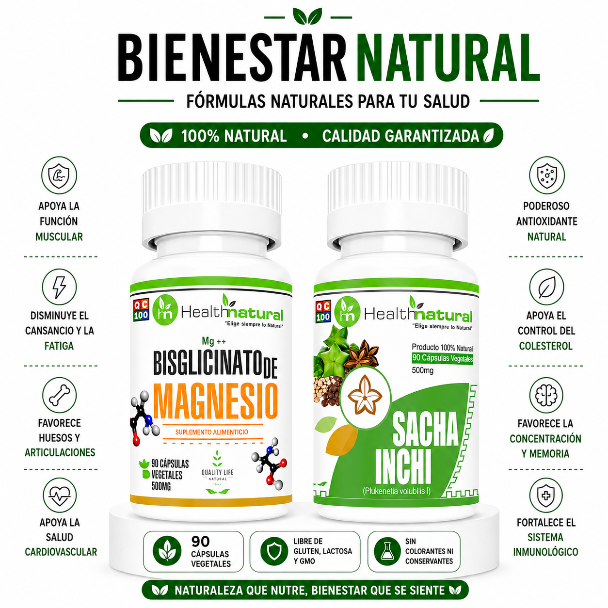 BISGLICINATO DE MAGNESIO HEALTHNATURAL + SACHA INCHI HEALTHNATURAL - 1