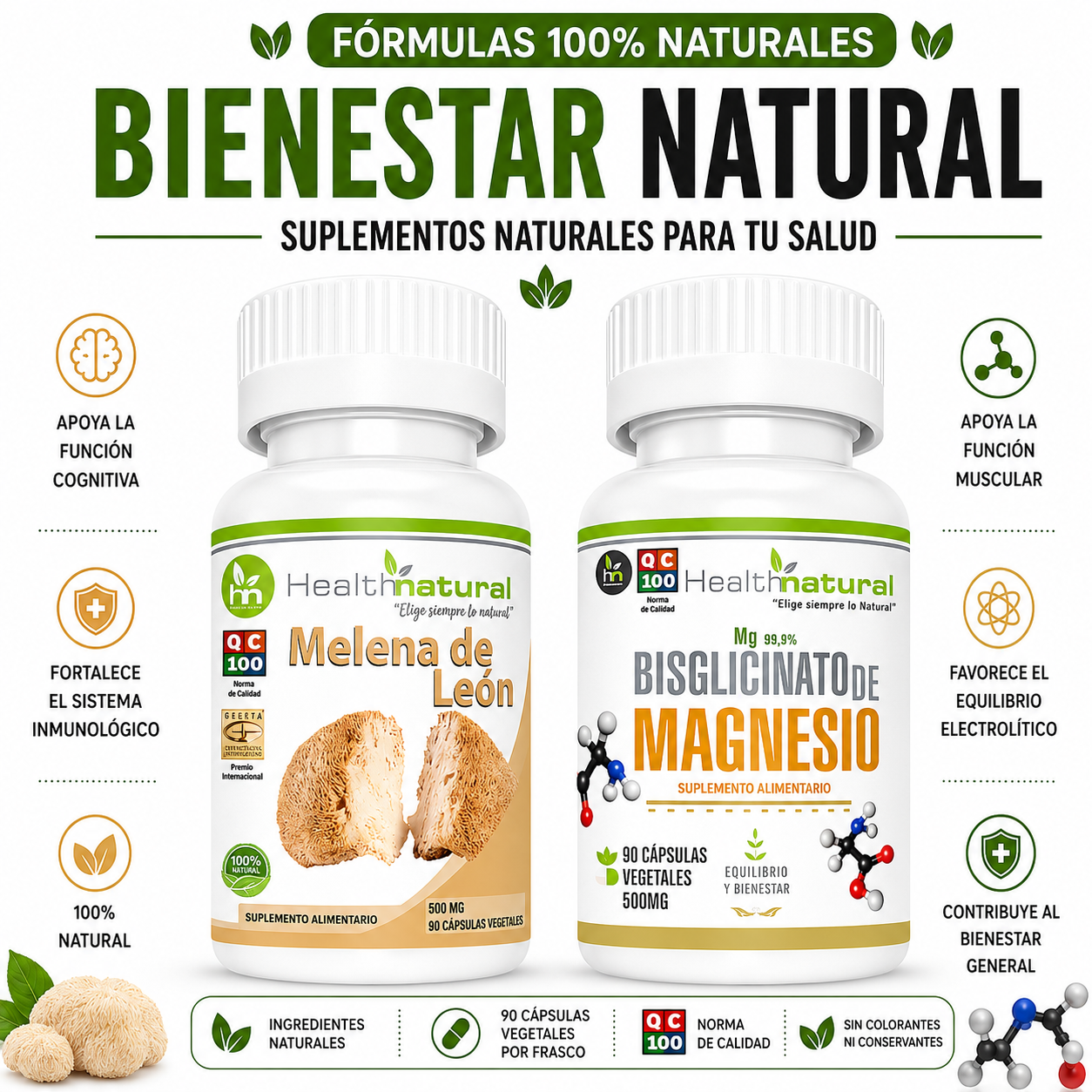 MELENA DE LEÓN HEALTHNATURAL + BISGLICINATO DE MAGNESIO HEALTHNATURAL - 1