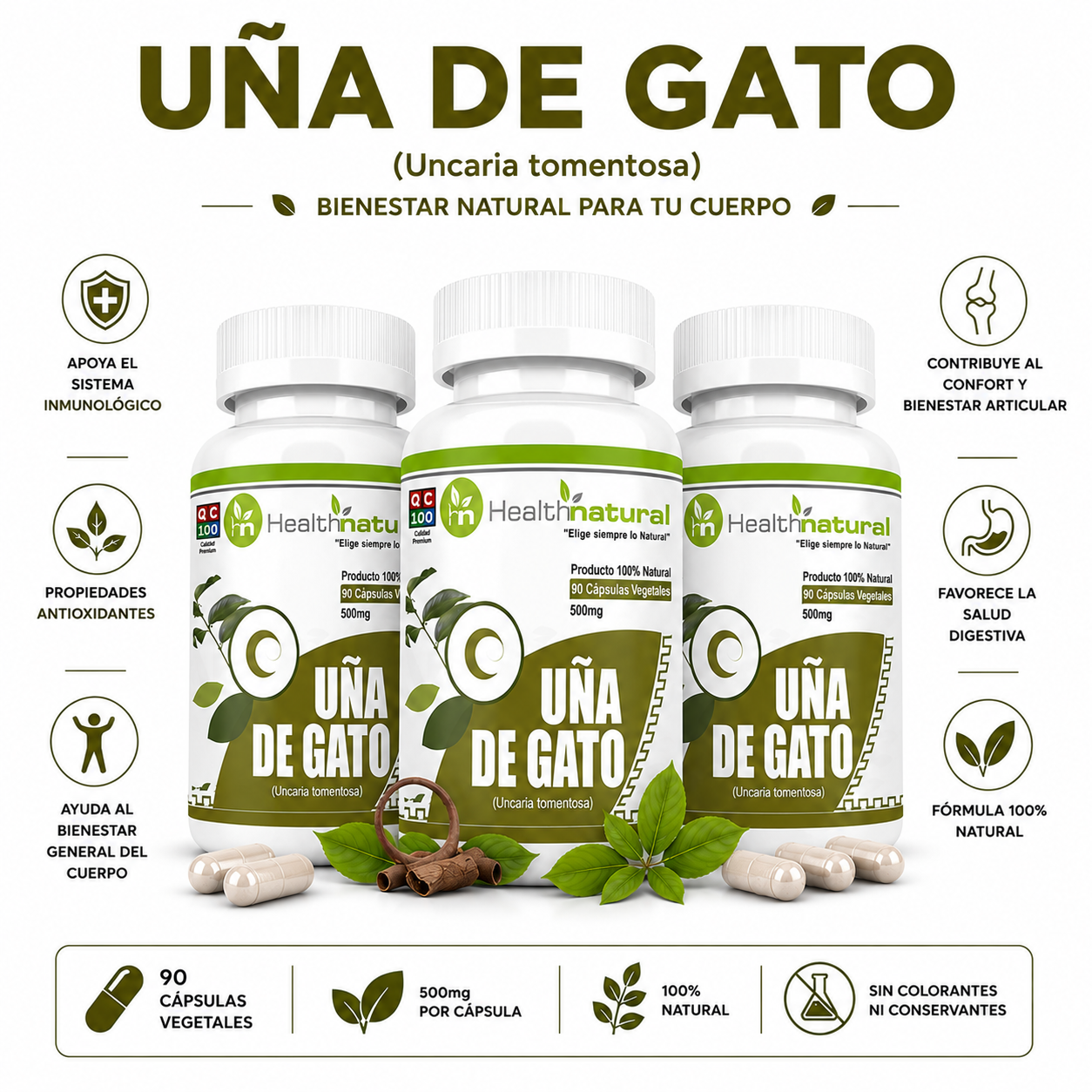 PACK 3 UÑA DE GATO HEALTHNATURAL 1500MG - 1