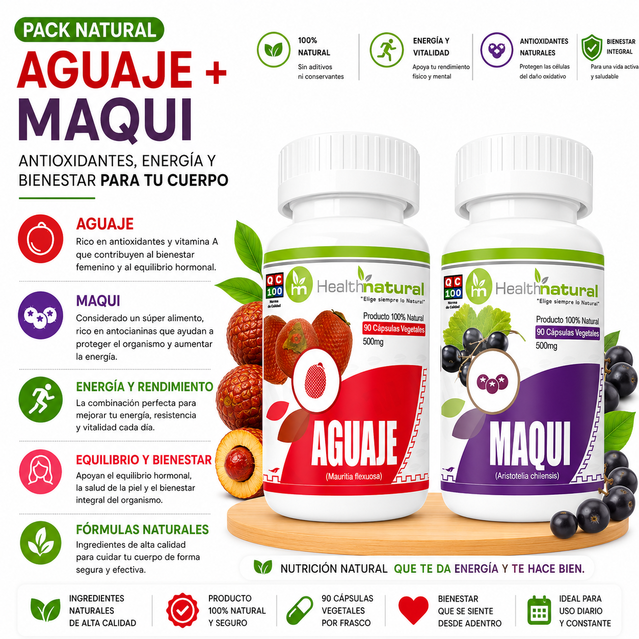 AGUAJE HEALTHNATURAL 500MG + MAQUI HEALTHNATURAL 500MG - 1