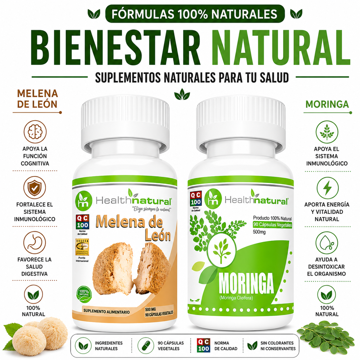 MELENA DE LEÓN HEALTHNATURAL 500MG + MORINGA HEALTHNATURAL 500MG - 1