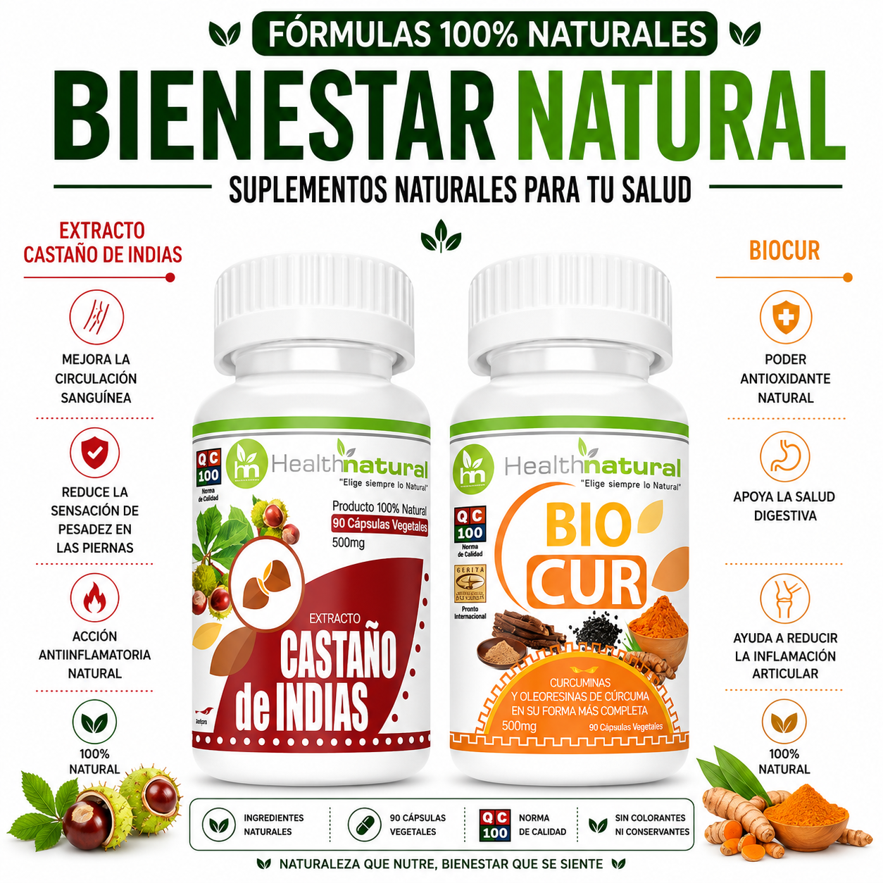 CASTAÑO DE INDIAS HEALTHNATURAL 500MG + BIOCUR HEALTHNATURAL 500MG - 1