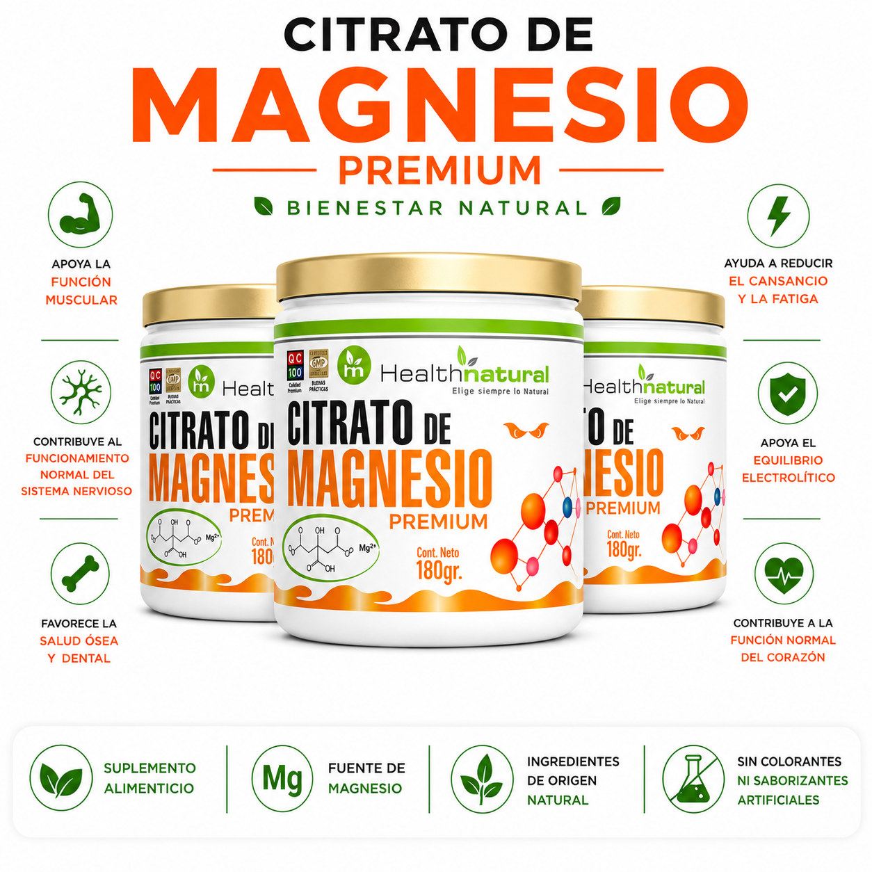 PACK 3 CITRATO DE MAGNESIO PREMIUM HEALTHNATURAL 540GR - 1