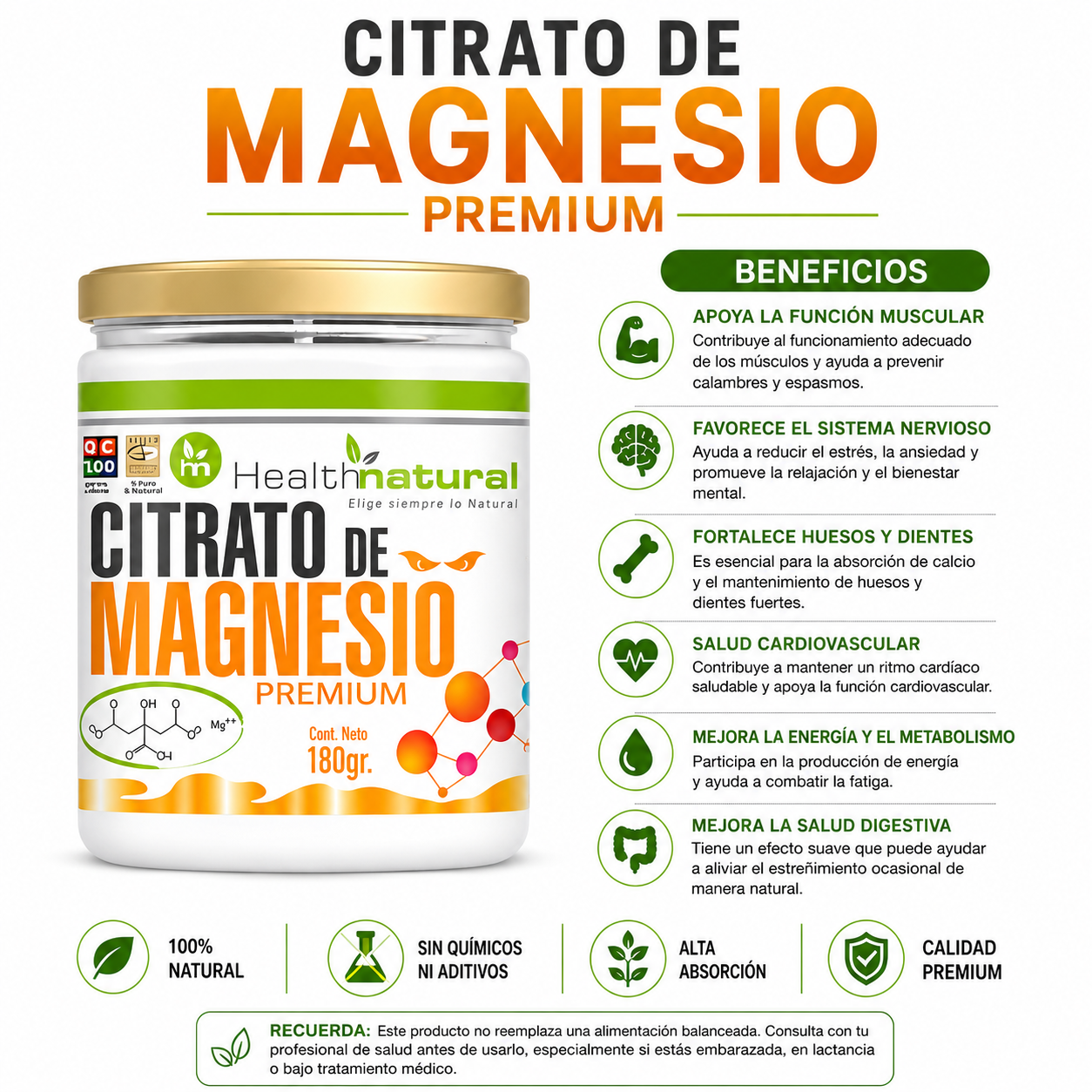 PACK 3 CITRATO DE MAGNESIO PREMIUM HEALTHNATURAL 540GR - 2