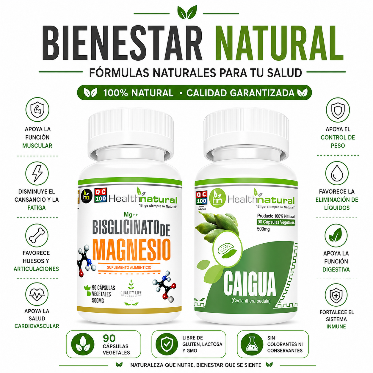 BISGLICINATO MAGNESIO HEALTHNATURAL 500MG + CAIGUA HEALTHNATURAL 500MG - 1
