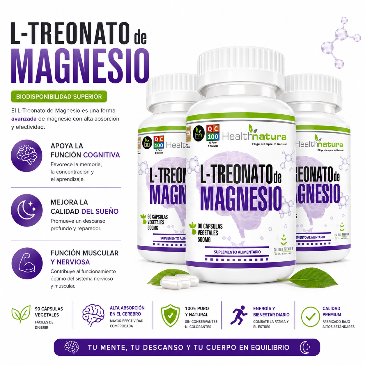 PACK 3 L-TREONATO DE MAGNESIO HEALTHNATURAL 1500MG - 1