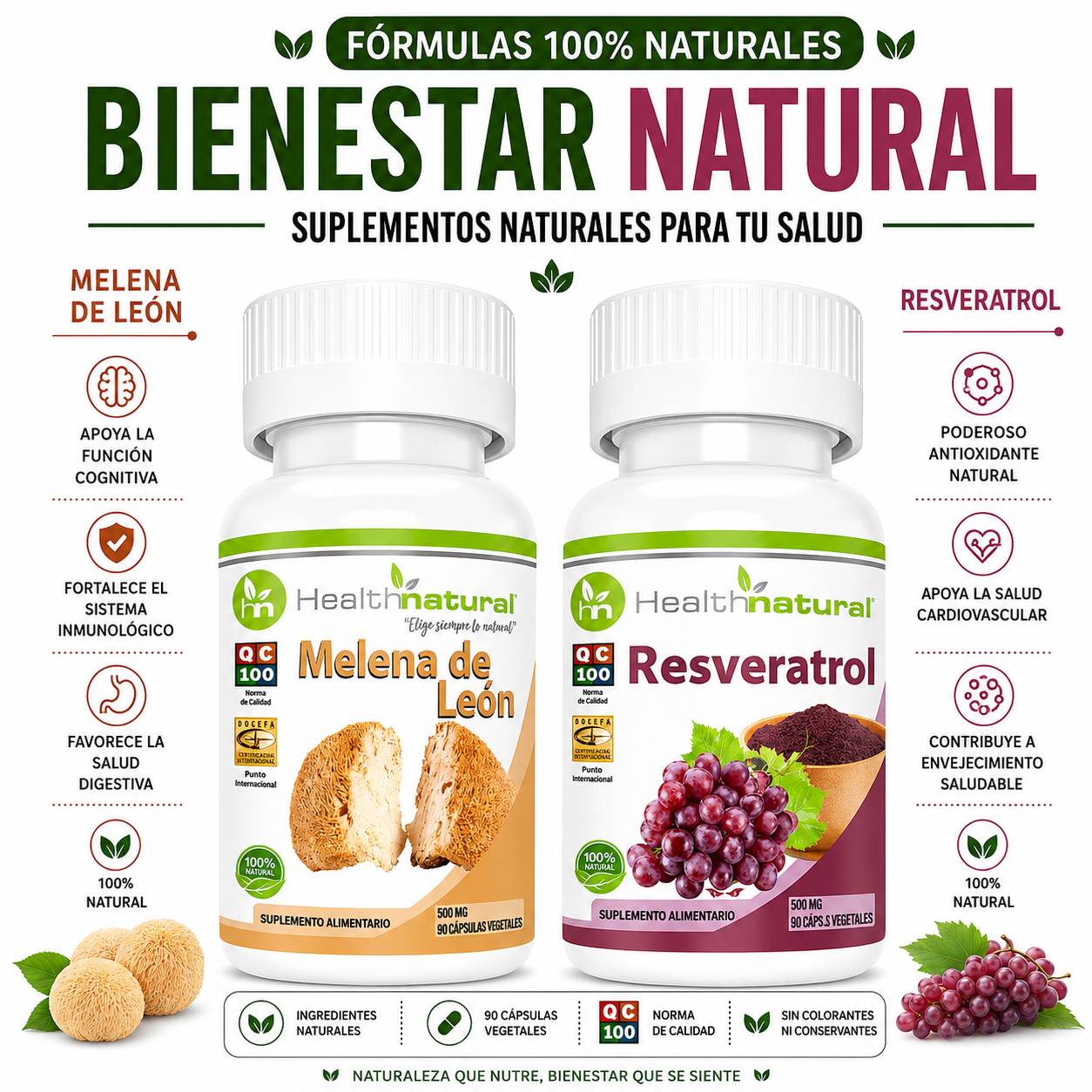 MELENA DE LEÓN HEALTHNATURAL 500MG + RESVERATROL HEALTHNATURAL 500MG - 1