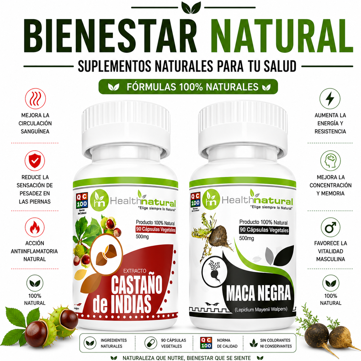 CASTAÑO DE INDIAS HEALTHNATURAL 500MG + MACA NEGRA HEALTHNATURAL 500MG - 1