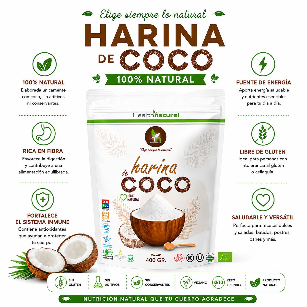 HARINA DE COCO EN POLVO 400G HEALTHNATURAL - 1