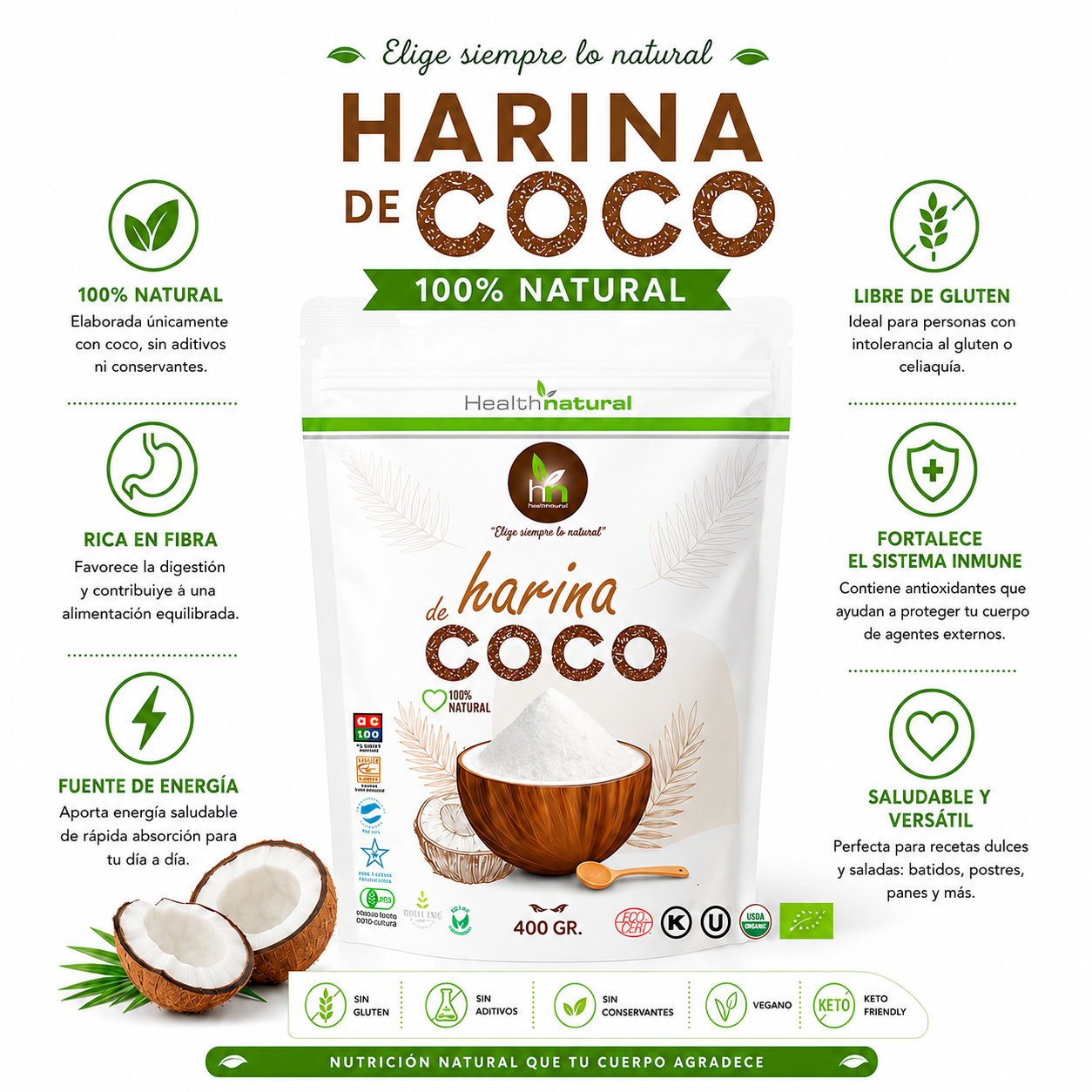 HARINA DE COCO EN POLVO 400G HEALTHNATURAL - 2
