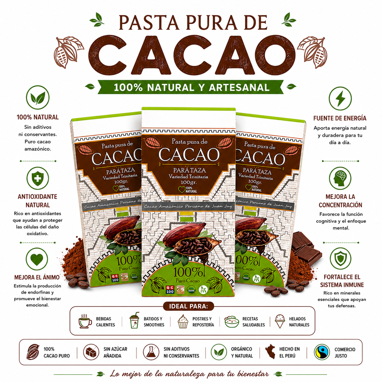 PACK 3 PASTA PURA DE CACAO EN BARRA 100G HEALTHNATURAL - 1