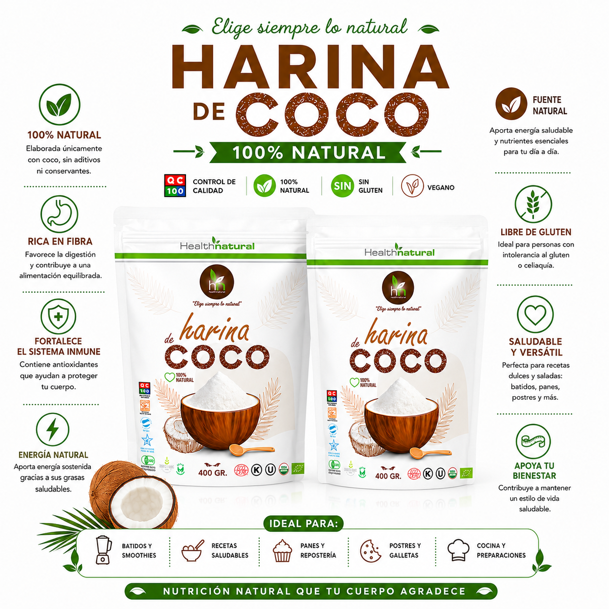PACK 2 HARINA DE COCO EN POLVO 400G HEALTHNATURAL - 1