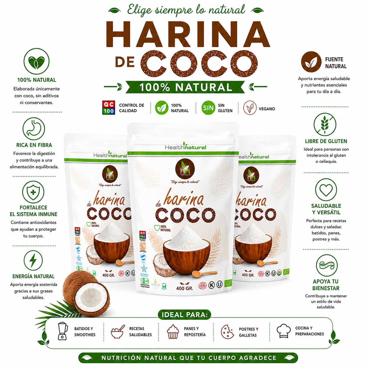 PACK 3 HARINA DE COCO EN POLVO 400G HEALTHNATURAL - 1