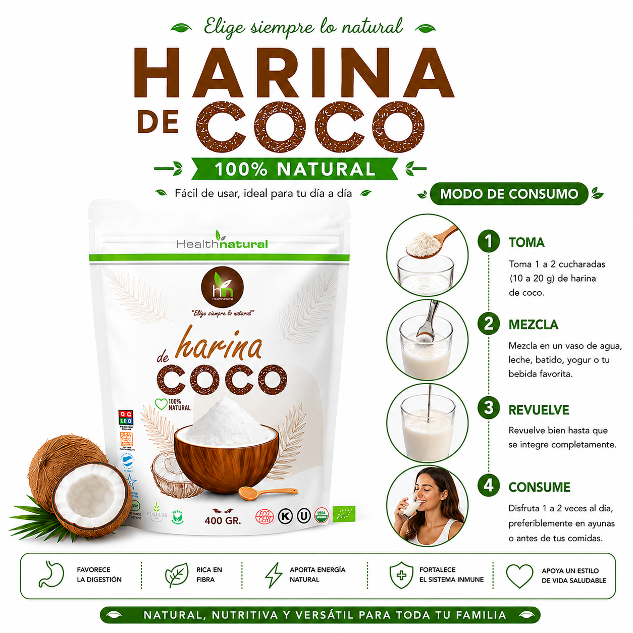PACK 3 HARINA DE COCO EN POLVO 400G HEALTHNATURAL - 3