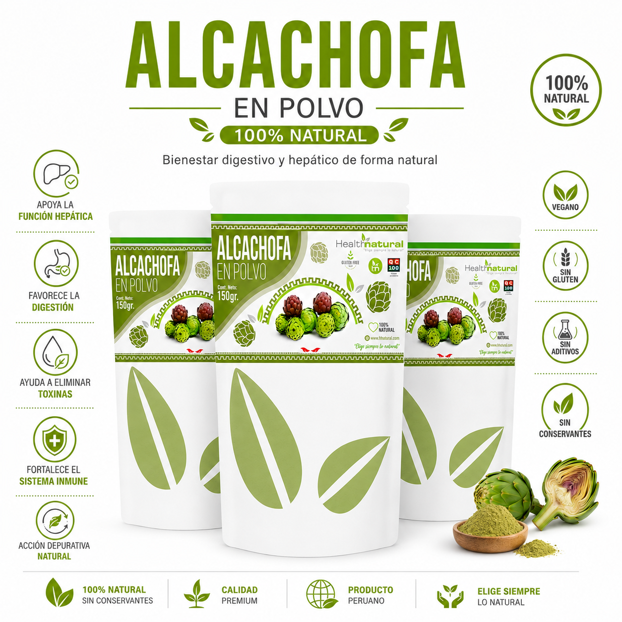 PACK 3 ALCACHOFA EN POLVO 150G HEALTHNATURAL - 1