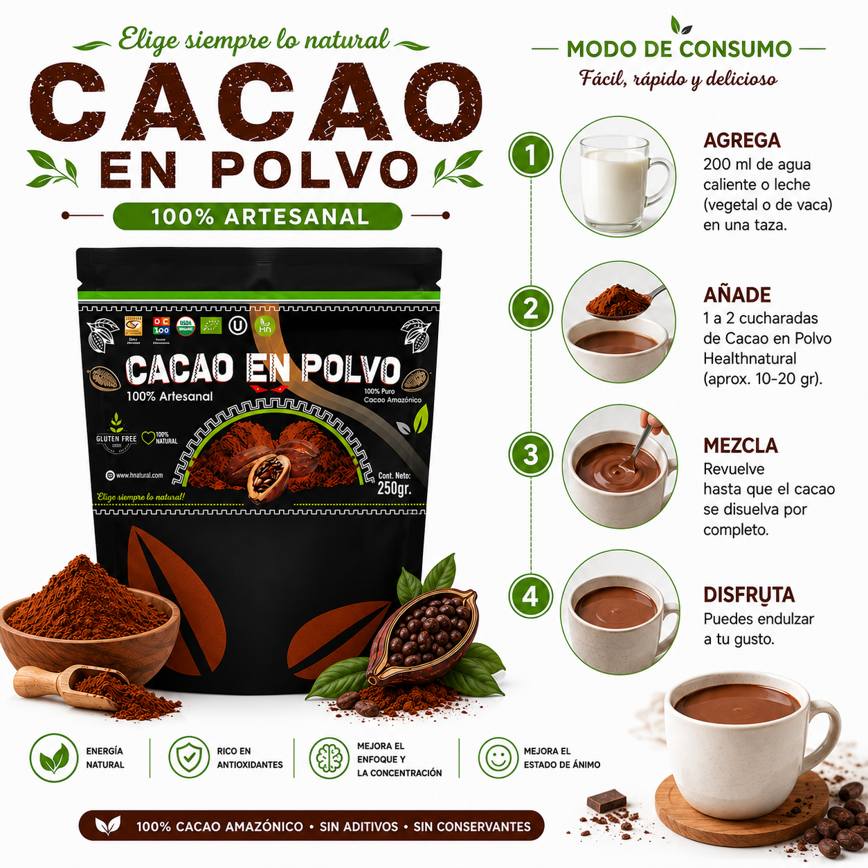 PACK 2 CACAO EN POLVO 250G HEALTHNATURAL - 3