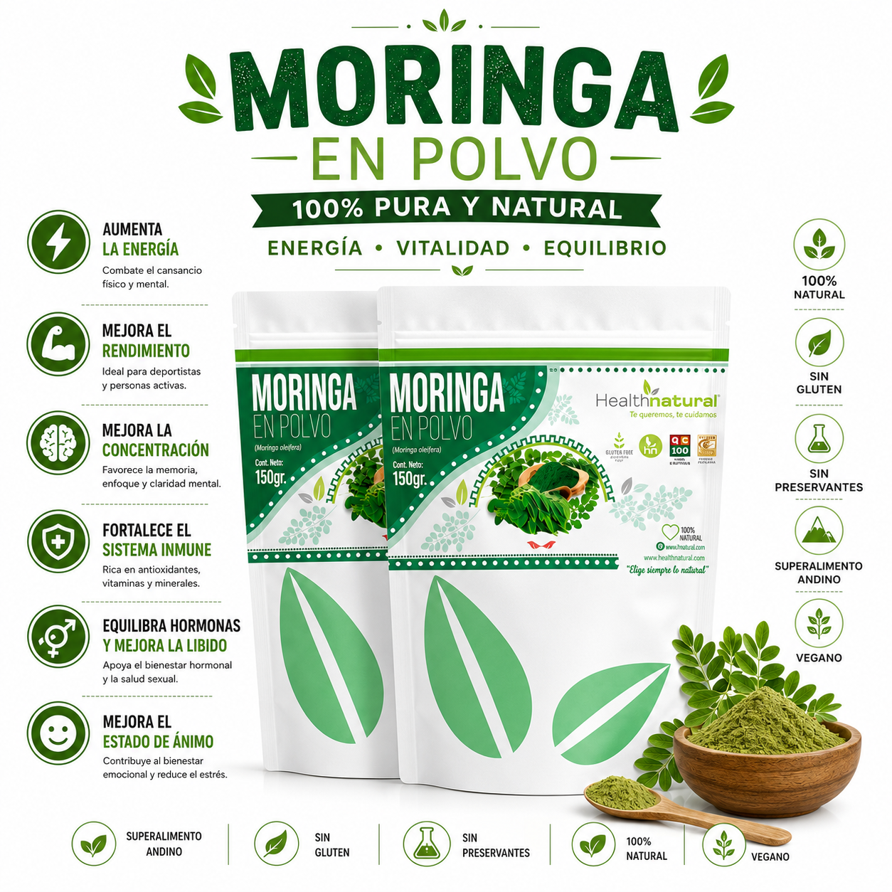 PACK 2 MORINGA EN POLVO 150G HEALTHNATURAL - 1