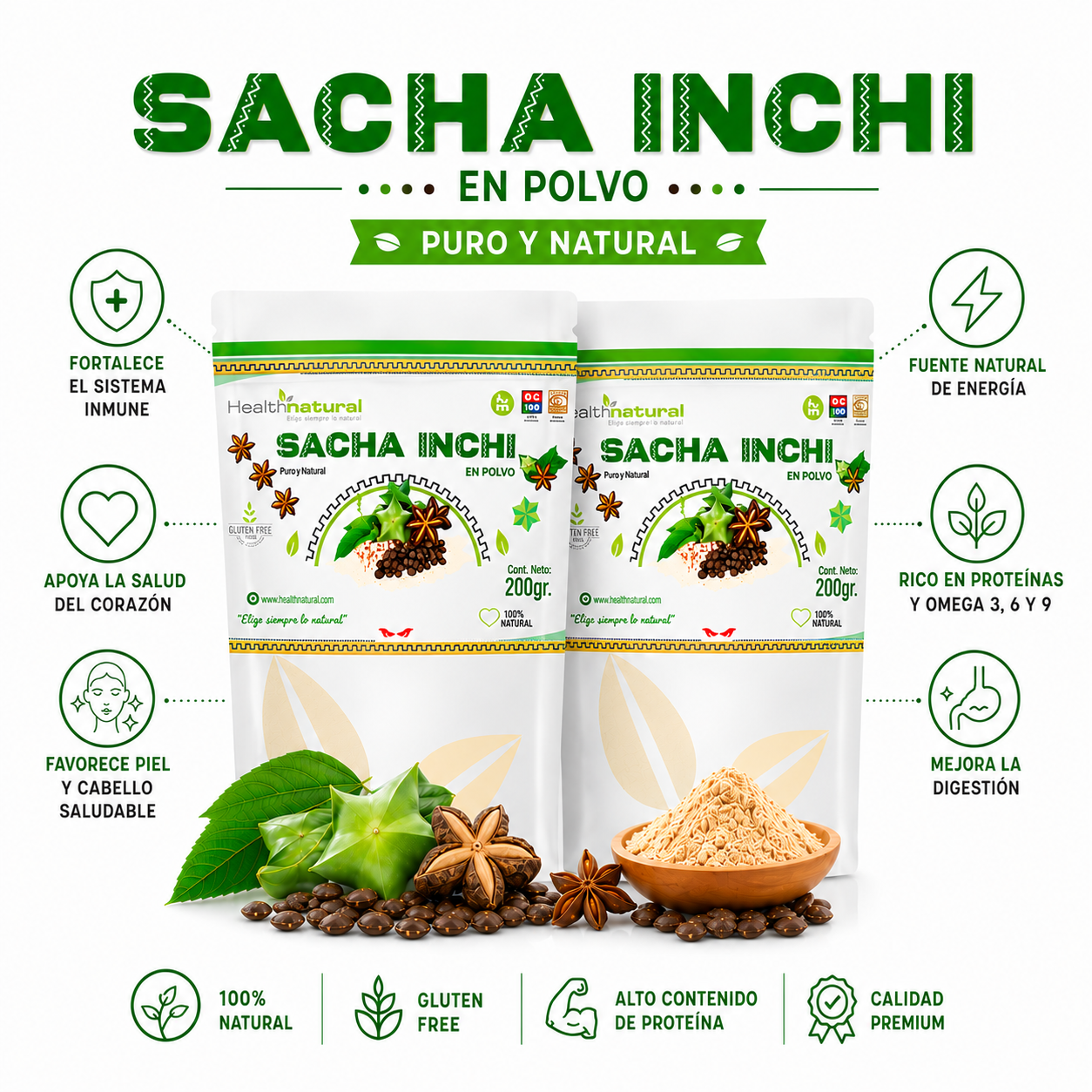 PACK 2 SACHA INCHI EN POLVO 200G HEALTHNATURAL - 1