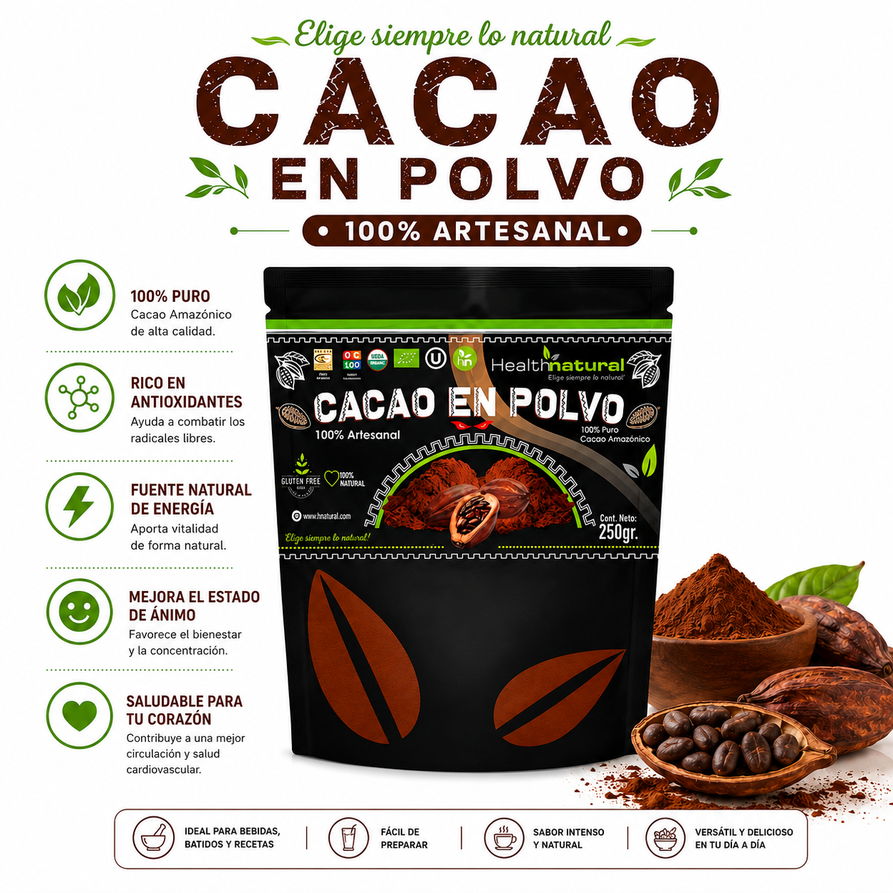 CACAO EN POLVO 250G HEALTHNATURAL - 1