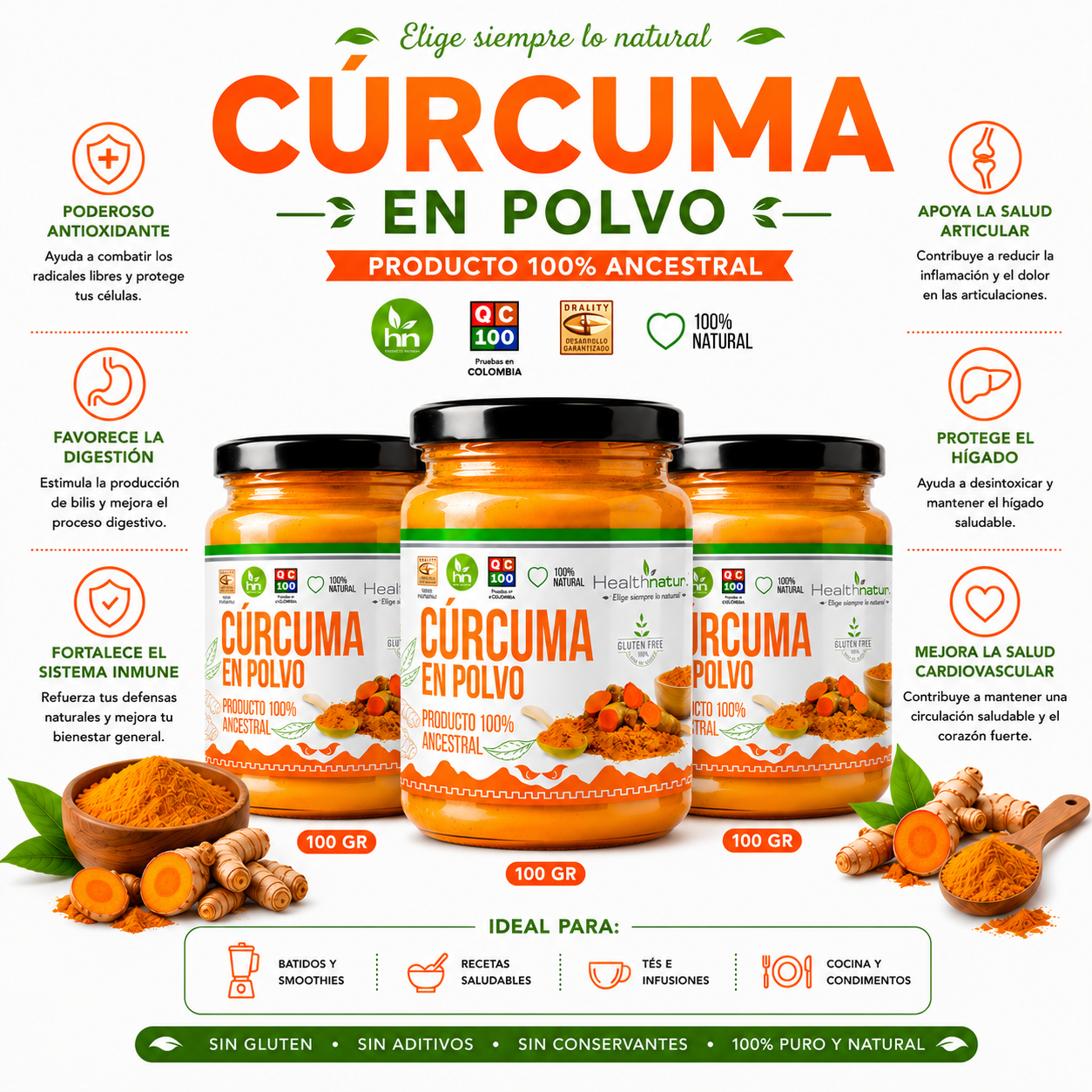 PACK 3 CÚRCUMA EN POLVO 100G HEALTHNATURAL - 1
