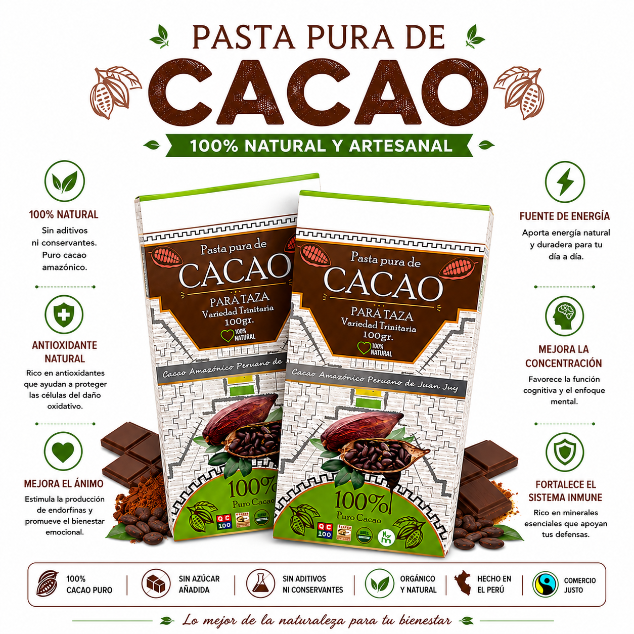PACK 2 PASTA PURA DE CACAO EN BARRA 100G HEALTHNATURAL - 1
