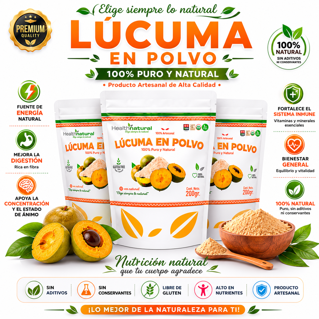 PACK 3 LÚCUMA EN POLVO 200G HEALTHNATURAL - 1