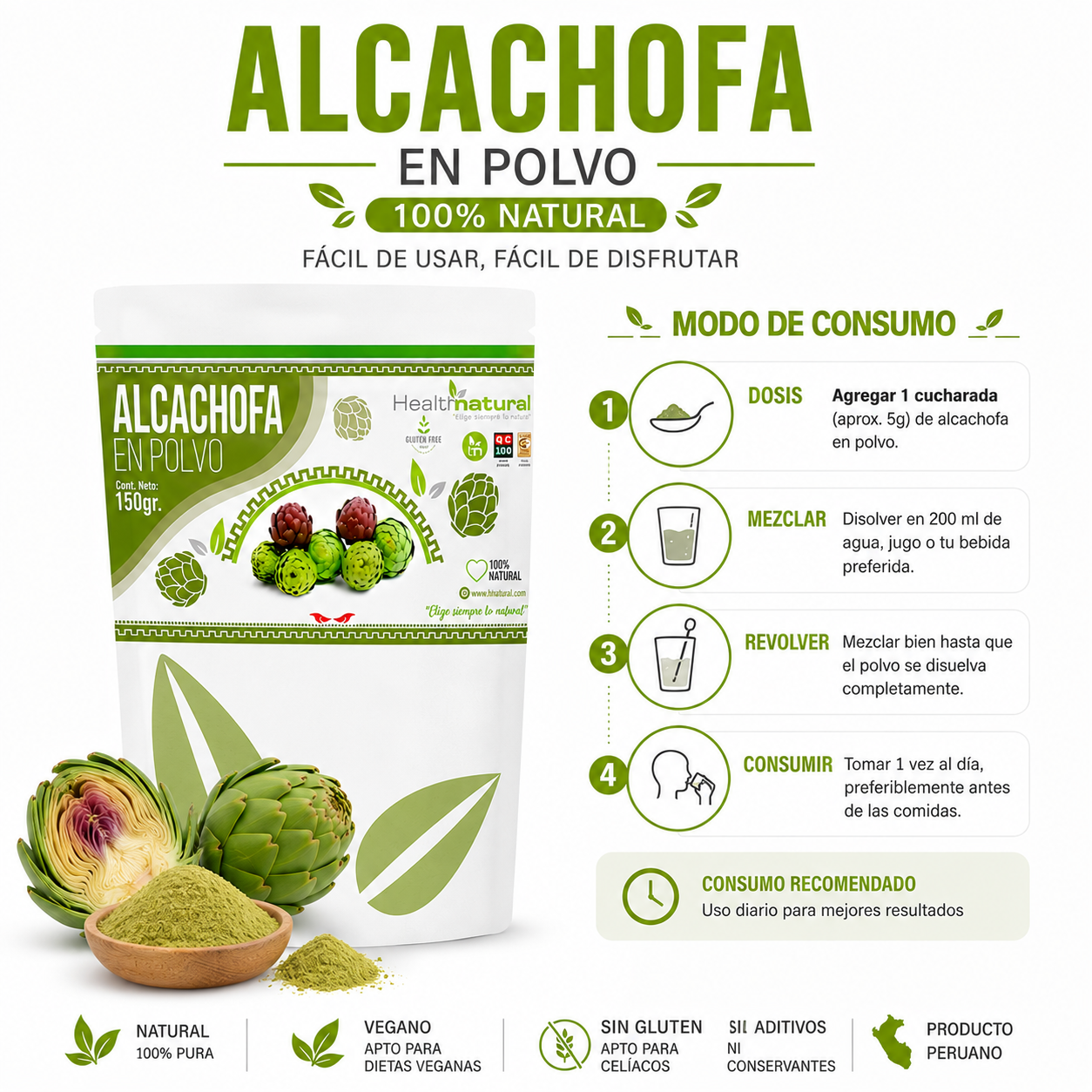 PACK 2 ALCACHOFA EN POLVO 150G HEALTHNATURAL - 3