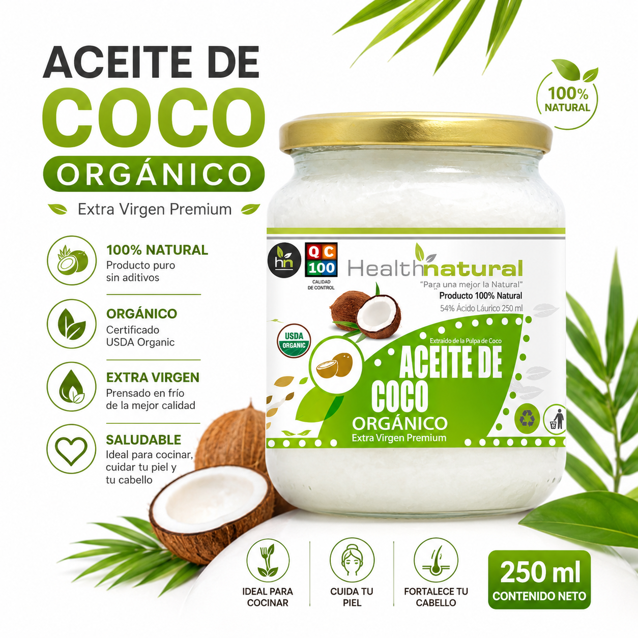 ACEITE DE COCO ORGÁNICO HEALTHNATURAL 250ML - 1