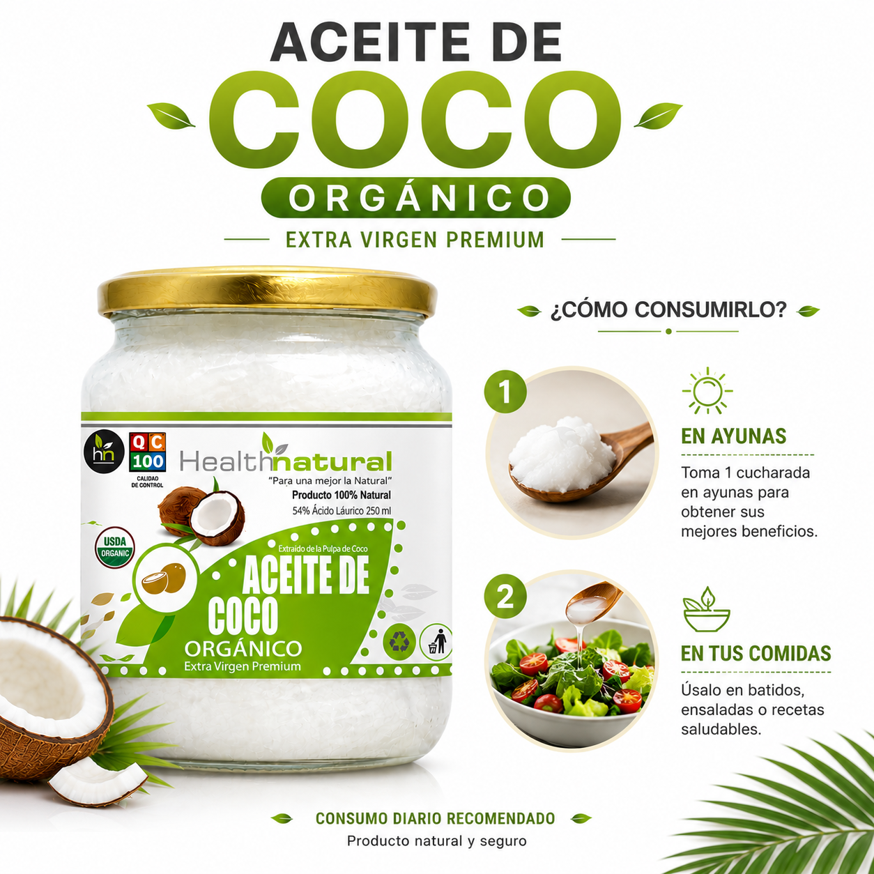 ACEITE DE COCO ORGÁNICO HEALTHNATURAL 250ML - 3
