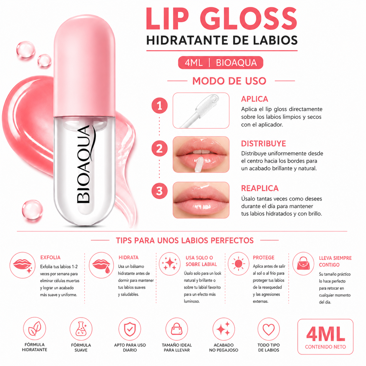 LIP GLOSS HIDRATANTE DE LABIOS 4ML BIOAQUA - 3